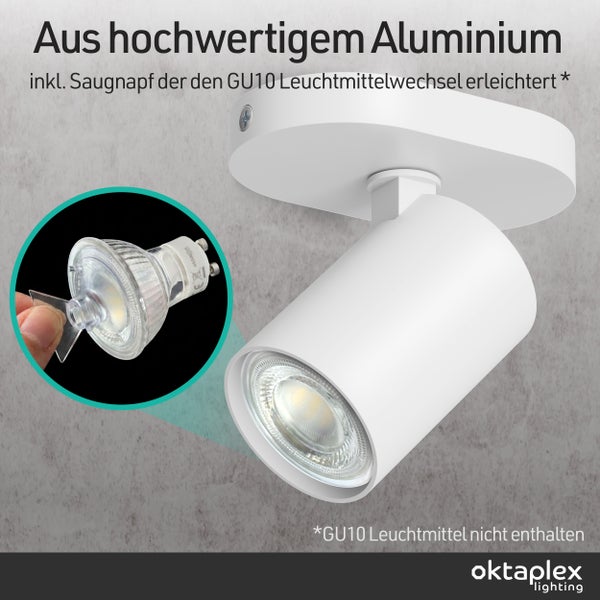 oktaplex lighting Deckenstrahler aus Aluminium für GU10 Leuchtmittel, inklusive Saugnapf für einfachen Leuchtmittelwechsel.
