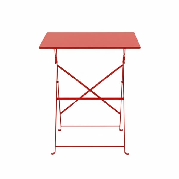 Klappbarer Metall-Bistrotisch in Rot mit rechteckiger Tischplatte.