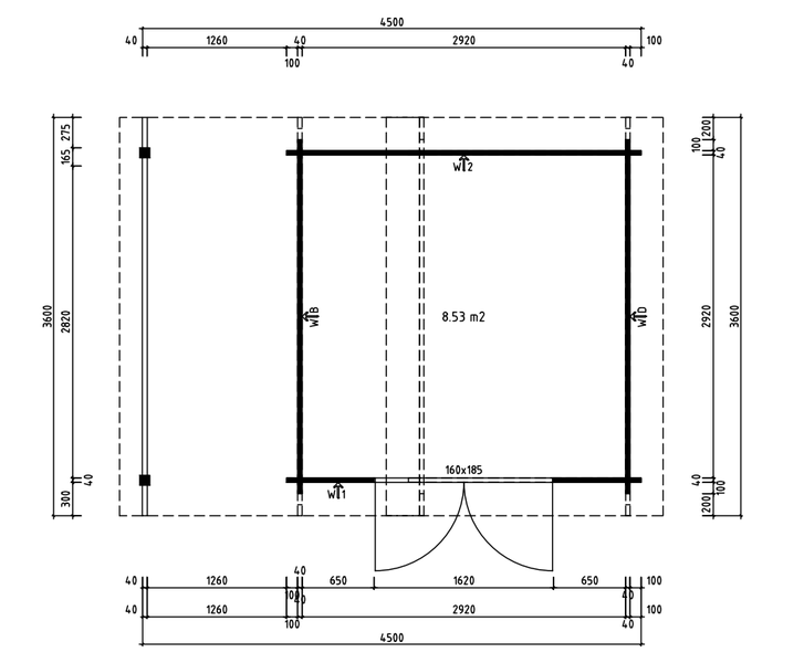 Grundrisszeichnung eines Gartenhauses mit Terrasse und Maßen in Millimetern.