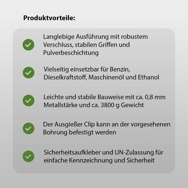 Infografik mit Produktvorteilen eines Kraftstoffkanisters inklusive Angaben zu Material, Gewicht, Handhabung und Sicherheitszertifizierung.
