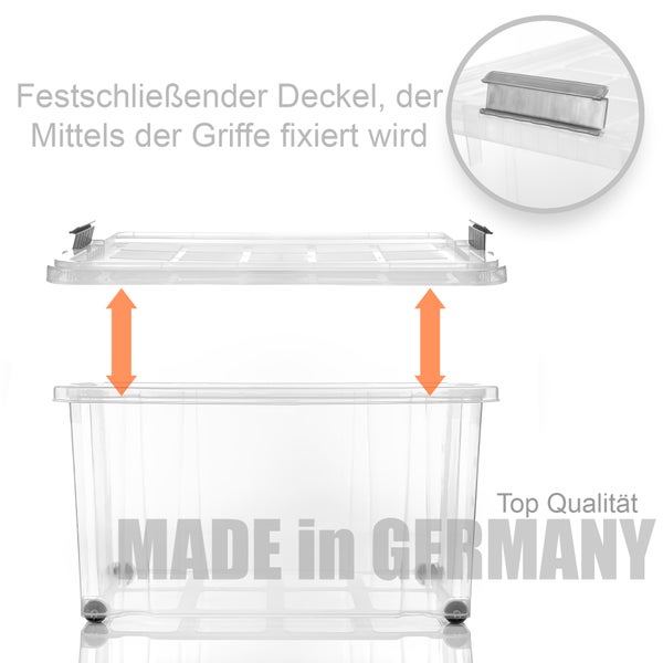 BigDean 3 Stück 60 L Aufbewahrungsbox mit Deckel groß transparent - stapelbare robuste Box BPA-frei - rollbare Stapelbox mit festen Klickverschlüssen - Made in Germany