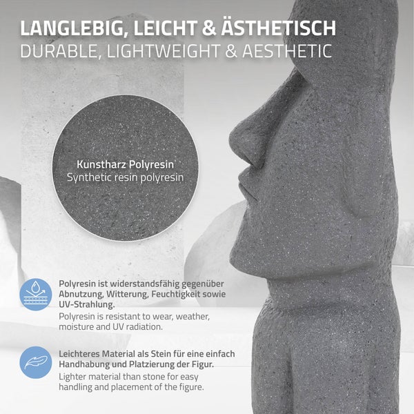 ECD Germany Moai Figur Rapa Nui Kopf 53,5 cm hoch aus wetterfestem Steinguss Kunstharz, Grau, Osterinsel Statue als Dekoration für Haus & Garten, Gartenfigur Dekofigur, Skulptur für Innen & Außen