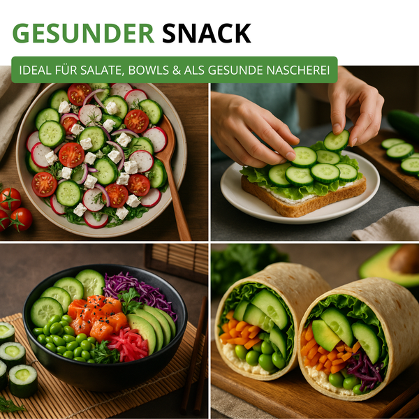 Collage verschiedener gesunder Gerichte mit Gurken, darunter ein gemischter Salat, ein belegtes Sandwich, eine Bowl mit Lachs und zwei Gemüse-Wraps.