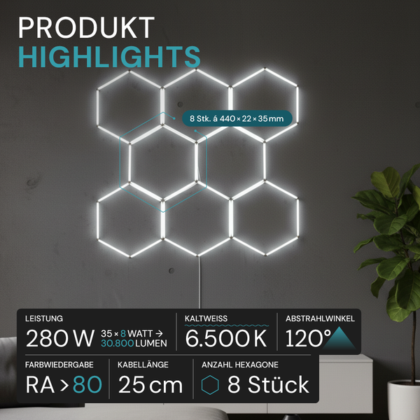 Dekorative LED-Wandleuchte mit acht sechseckigen Elementen, Leistung 280 Watt, Farbwiedergabe größer 80, Kabellänge 25 cm, kaltweißes Licht mit 6500 Kelvin und einem Abstrahlwinkel von 120 Grad.