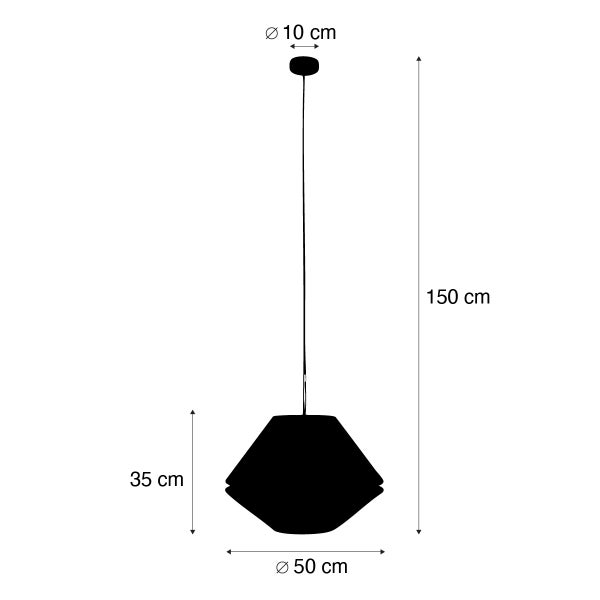 Technische Zeichnung einer Pendelleuchte mit Maßen: Gesamthöhe 150 Zentimeter, Schirmdurchmesser 50 Zentimeter, Schirmhöhe 35 Zentimeter und Baldachindurchmesser 10 Zentimeter.