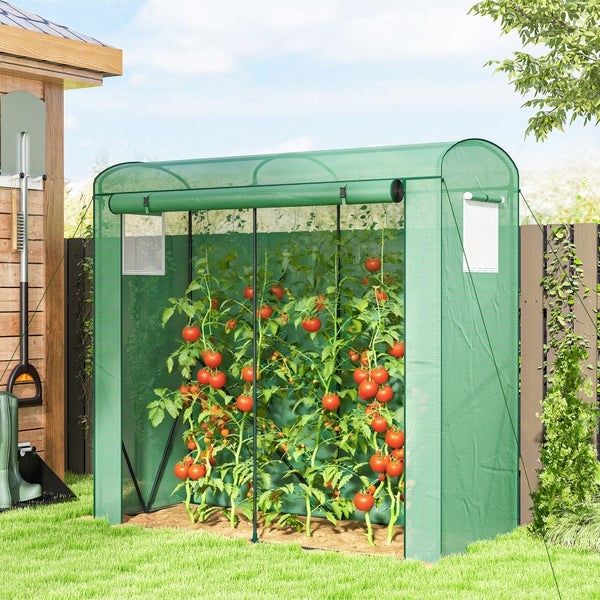 Tomatengewächshaus aus grüner Gitterfolie mit Tomatenpflanzen im Garten.