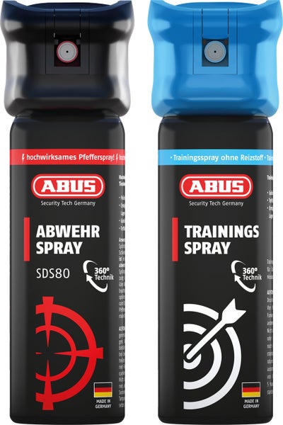 ABUS Abwehrspray SDS80 und Trainingsspray mit 360 Grad Technik, hergestellt in Deutschland.