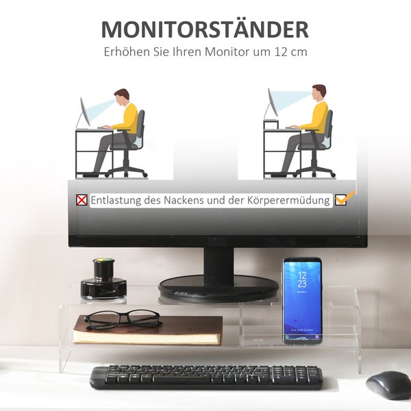 HOMCOM Monitorständer Bildschirmerhöhung mit Staufach, Monitorerhöhung für Monitore bis 24 Zoll, Schreibtischaufsatz für Computer, PC, Laptop bis 5kg, Acryl, 50,8 x 19 x 12 cm