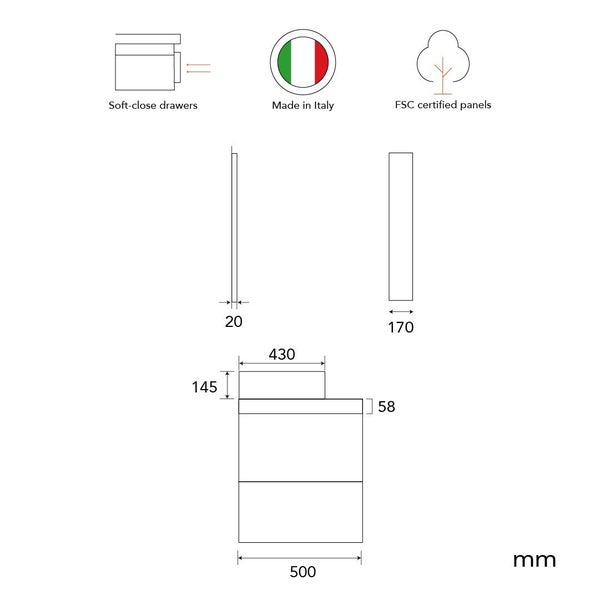 Technische Zeichnung eines Badmöbels mit Maßangaben in Millimeter, Soft-Close-Funktion, Herkunft Italien und FSC-zertifizierten Holzwerkstoffen.
