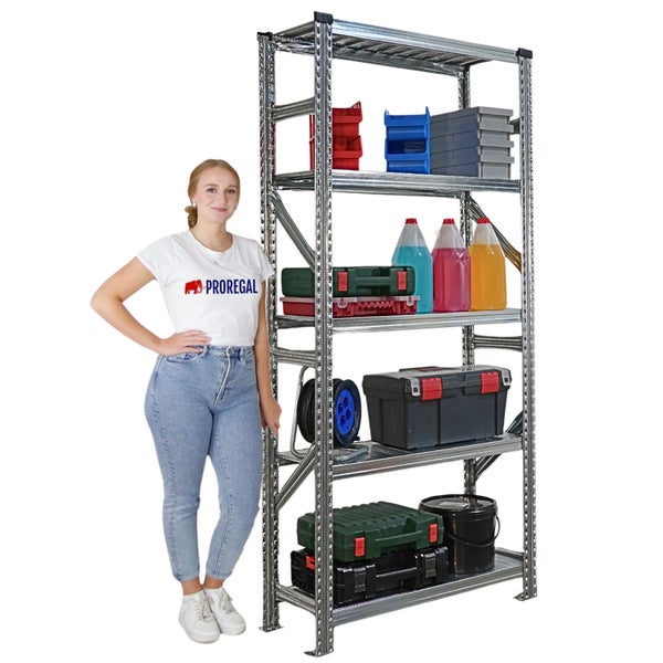 Regalsystem mit Werkzeug und Zubehör sowie einer stehenden Frau