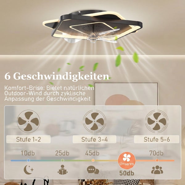 HOMCOM LED Deckenleuchte mit Ventilator, Leise 53 cm Deckenventilator mit Beleuchtung, mit 6 Geschwindigkeiten, Timer, Fernbedienung, 3 Farbtemperaturen, Umkehrbar DC Motor für Wohnzimmer, Schwarz