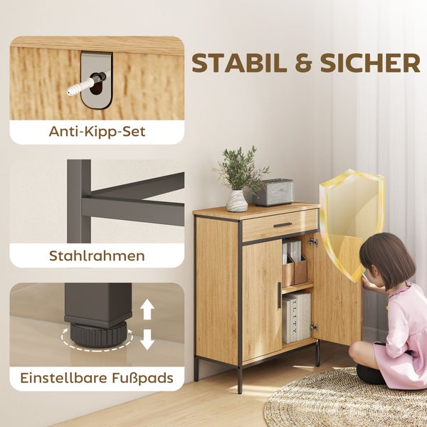 Sideboard aus Holz mit schwarzem Stahlrahmen, inklusive Anti-Kipp-Set, höhenverstellbaren Füßen und Darstellung der Sicherheit für Kinder.