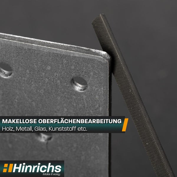 Metallfeile glättet eine Kante zur Oberflächenbearbeitung von Holz, Metall, Glas und Kunststoff. Hinrichs Logo.