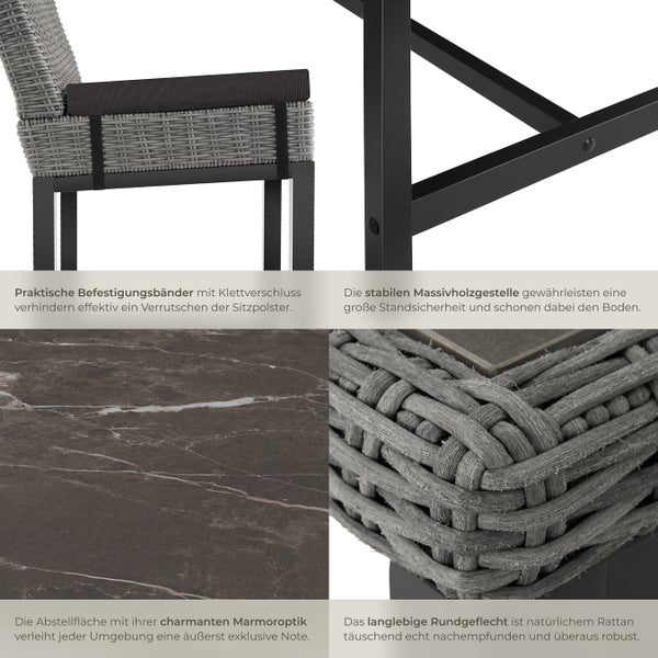 Rattan Tisch Lovas mit 4 Stühlen Latina tectake  Beine aus Holz mit Aluminiumgestellen grau
