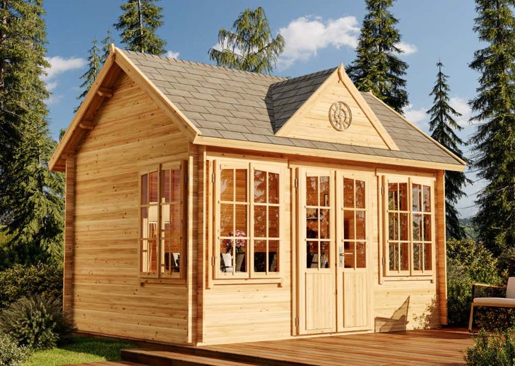 Alpholz Gartenhaus Clockhouse-28 aus Massiv-Holz, Gerätehaus mit 28 mm Wandstärke, Garten Holzhaus inklusive Montagematerial, Geräteschuppen Größe: 420 x 320 cm, Satteldach Natur