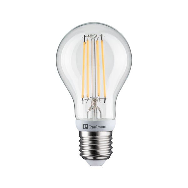 Paulmann LED-Leuchtmittel in klassischer A60-Form mit E27-Sockel und Filament-Fäden aus klarem Glas.