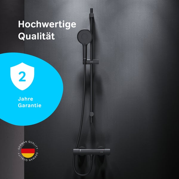 Duschsystem mit Brausestange, Handbrause und Thermostatarmatur, inklusive zwei Jahren Herstellergarantie und Siegel für deutsche Qualität.