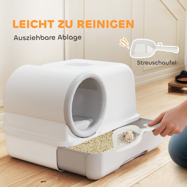 Katzentoilette mit ausziehbarer Schublade und Streuschaufel zur einfachen Reinigung.