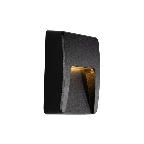 Rechteckige LED-Außenwandleuchte aus schwarzem Metall mit warmweißem Licht.