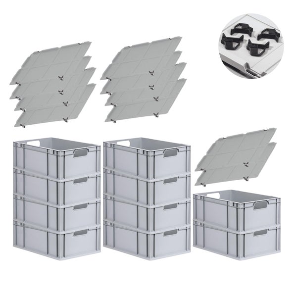 PROREGAL Spar Set 10x Eurobox Nextgen Economy Mit Auflagedeckel & 4x Schiebeschnappverschlüsse Schwarz Griffe Offen HxBxT 22 x 40 x 60 cm 44 Liter