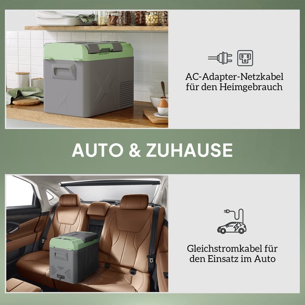 Outsunny 24,2 Liter Kompressor Kühlbox elektrische Kühlbox mit LED ECO-Modus Kühlfunktion leise Gefrierbox Thermobox Mini Kühlschrank 12/220 Volt für Auto Steckdose LKW Camping Boot Grau+Grün