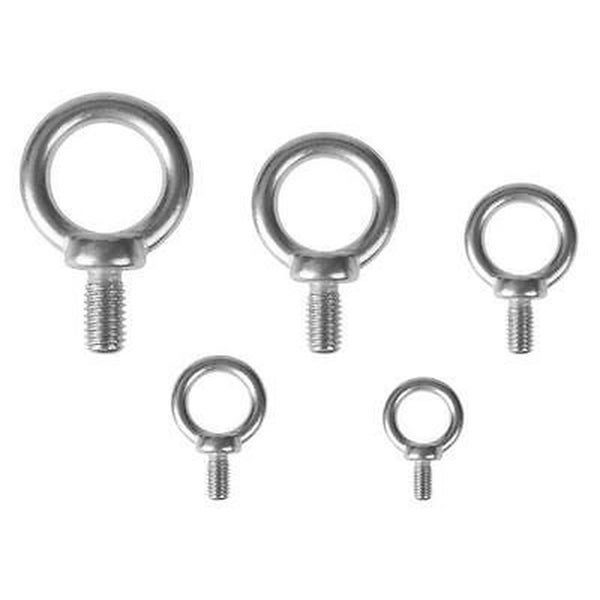 Fünf verschiedene Ringschrauben aus Metall mit Gewindebolzen in unterschiedlichen Größen zur Befestigung.