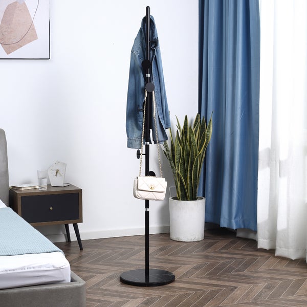 HOMCOM Kleiderständer, Garderobe mit 8 Haken, Garderobenständer für Kleidung, Hüte, Flur, Eingang, Stahl, Schwarz, 35x 35 x 170 cm