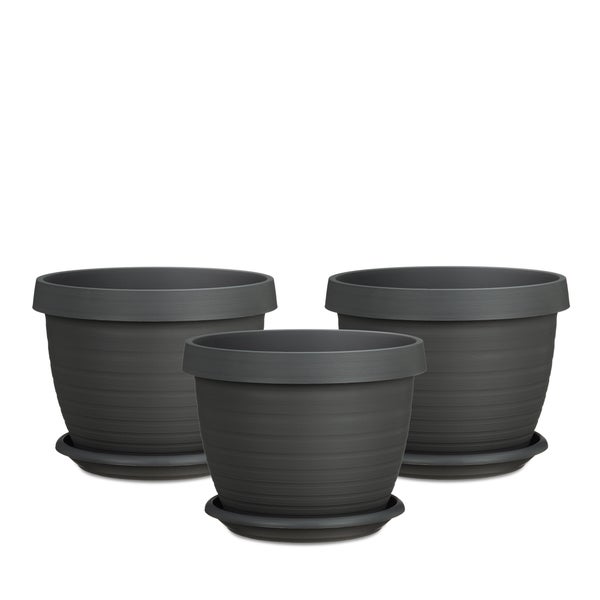 Scheurich 3er Set Blumentöpfe Country Star 40 mit Untersetzern, rund,  aus Kunststoff Farbe: Metallic Grey, 39 cm Durchmesser, 30 cm hoch, 21,5 l Vol.