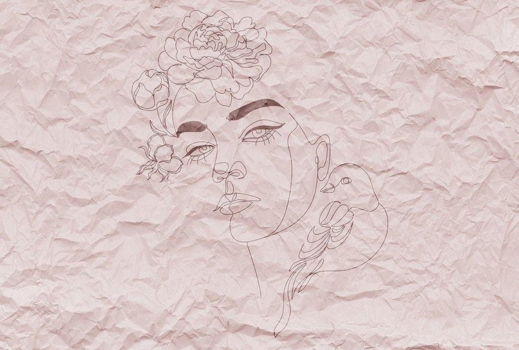 Line Art Wandtapete mit Frauenporträt, Blumen und Vogel auf zerknitterter Papieroptik