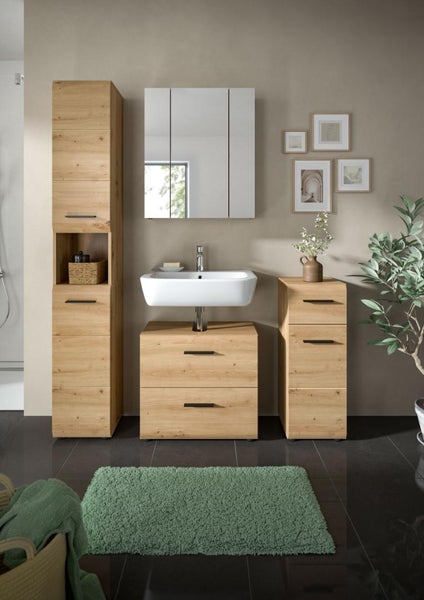 Modernes Badezimmermöbel-Set in Eichenoptik mit Waschtisch, Spiegelschrank, Hochschrank und Beistellschrank.