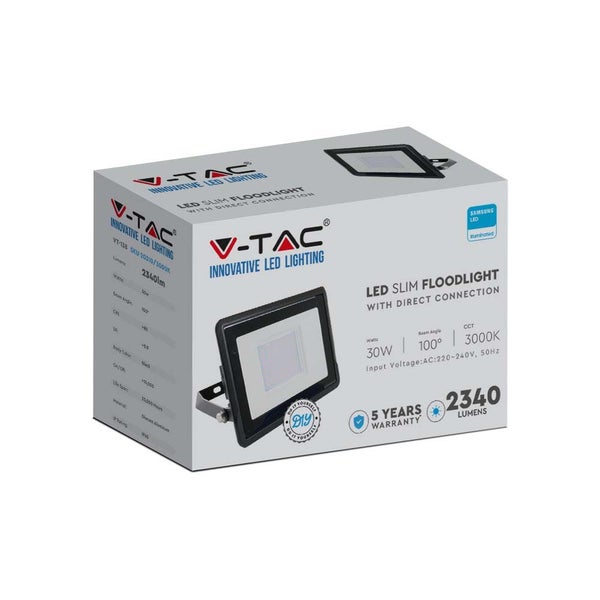 V-TAC LED Slim Flutlichtstrahler mit Direktanschluss und Produktverpackung