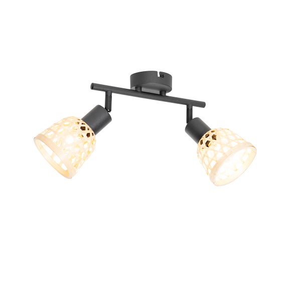 Deckenleuchte mit zwei Strahlern und Lampenschirmen aus Rattan