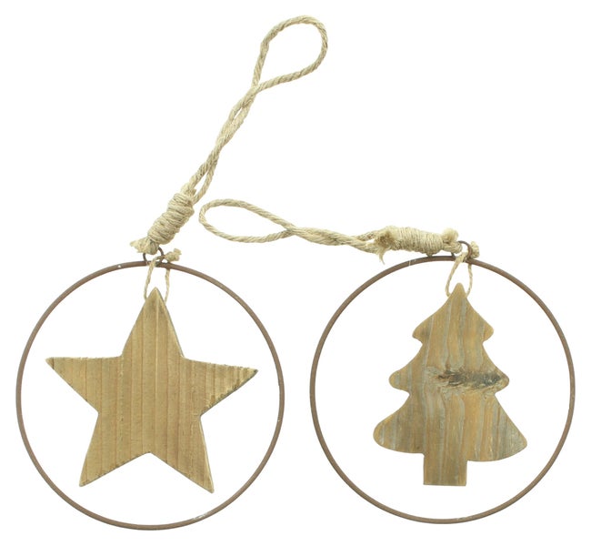 Weihnachtsbaumschmuck mit Stern und Tannenbaum im Metallrahmen