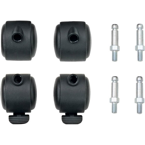 Vier schwarze Rollen und vier Schrauben als Ersatzteile