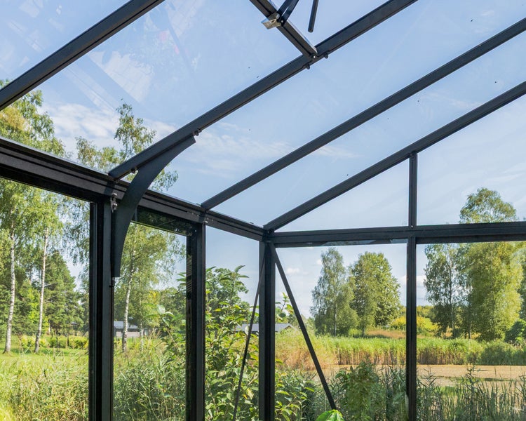 Blick aus dem Inneren eines Gewächshauses mit schwarzem Metallrahmen und Glaspaneelen auf einen grünen Garten.
