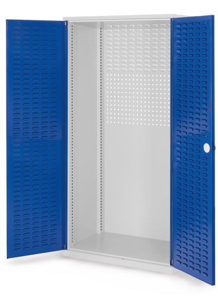 Werkzeugschrank aus Metall in Grau und Blau mit Lochwand und Schlitzplatten-Türen