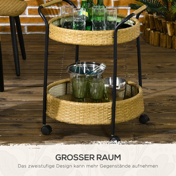 Outsunny Servierwagen Rattan Trolley mit 2 Regalen, Φ50 x 66 cm, Stahl, Gelb