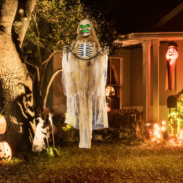 HOMCOM 183cm Halloween Dekoration Hängendes Skelett mit LED-Lichter, Soundfunktion, Haustür Deko mit verstellbare Arme, Garten Dekofigur in Lebensgröße für Party