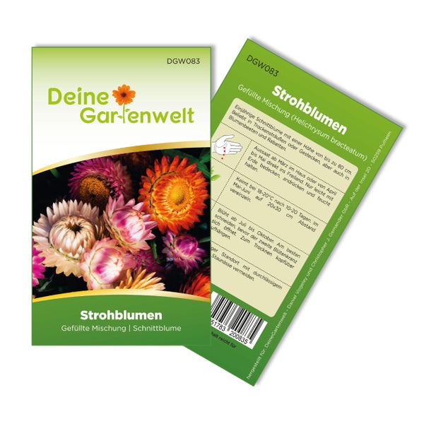 Samentüte für Strohblumen Gefüllte Mischung mit Deine Gartenwelt Logo, Vorder- und Rückseite mit Anbauhinweisen.