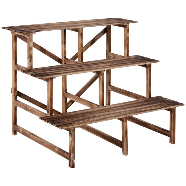 Outsunny 3-Etagen Pflanzenständer, klappbarer 78 cm hoch Blumenständer für Innen Außen, Pflanzenregal aus Holz, Blumentopfständer mit Tabletts, Blumentreppe für Wohnzimmer, Garten Balkon, Naturholz
