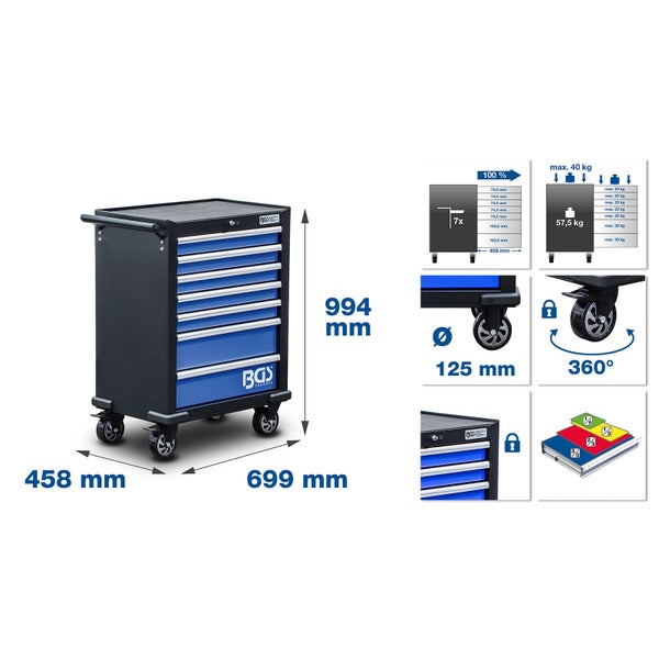 BGS technic Werkstattwagen, 7 Schubladen, 994 mal 699 mal 458 Millimeter, 125 Millimeter Rollen, 100 Prozent Auszug, 360 Grad Lenkrollen, abschließbar.