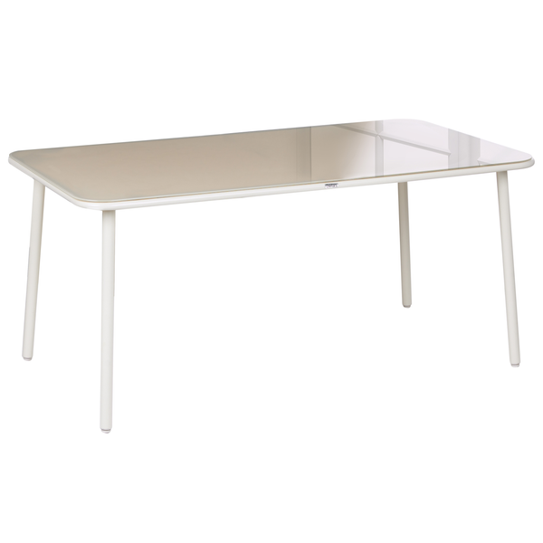 Rechteckiger weißer Gartentisch mit einer Tischplatte aus Sicherheitsglas und einem Aluminiumgestell mit abgerundeten Ecken.