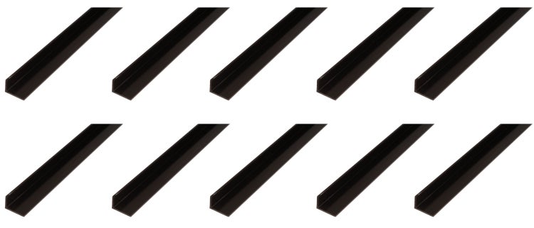 Set von zehn identischen Winkelschinen aus Metall in L-Form als Kantenschutz oder Befestigungsprofil.