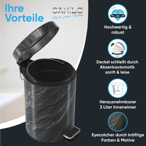 Sanilo Logo. Tretmülleimer mit 3 Liter Fassungsvermögen, Absenkautomatik, herausnehmbarem Inneneimer, robuster Bauweise und Steinoptik.