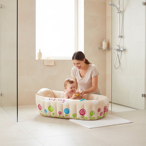 Mutter beim Baden eines Babys in einer aufblasbaren Babywanne mit bunten Motiven in einem hellen, modern eingerichteten Badezimmer.