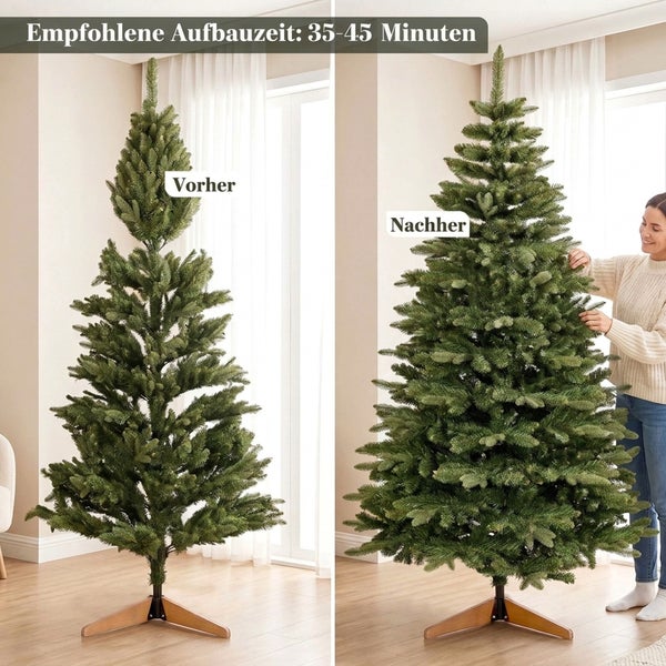 Vergleichsbild eines künstlichen Weihnachtsbaums vor und nach dem Auseinanderbiegen der Zweige für ein volles Volumen.