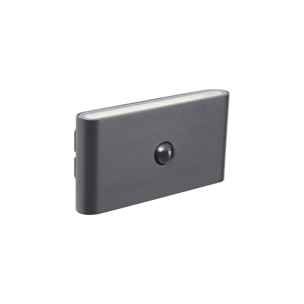 Rechteckige LED Außenwandleuchte mit Bewegungsmelder in Anthrazit.