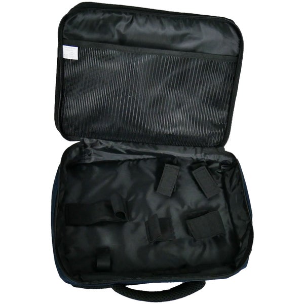 Geöffnete Werkzeugtasche mit Netzfach im Deckel und Befestigungsschlaufen im Innenraum.