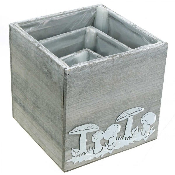 Blumenkasten aus Holz mit Pilzdekoration und drei Pflanzeinsätzen