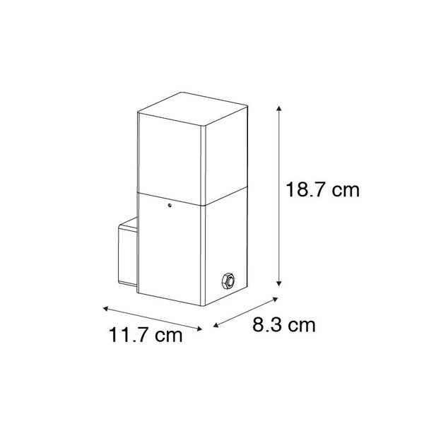 Maßzeichnung einer rechteckigen Wandleuchte: Höhe 18,7 Zentimeter, Breite 8,3 Zentimeter, Tiefe 11,7 Zentimeter.